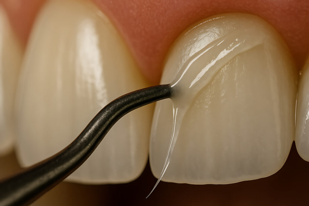 Macro image showing precise dental application of bonding material onto the tooth surface, highlighting the glossy texture, translucence, and delicate flow of resin in professional dental restoration
